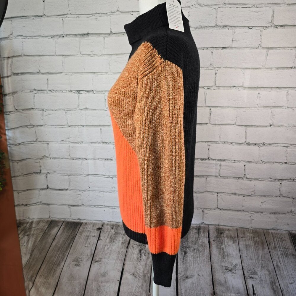 WOMENS COLORBLOCK GEOMETRIC KNIT TURTLENECK SWEATER, BLACK BROWN ORANGE SIZE S - Picture 4 of 7
